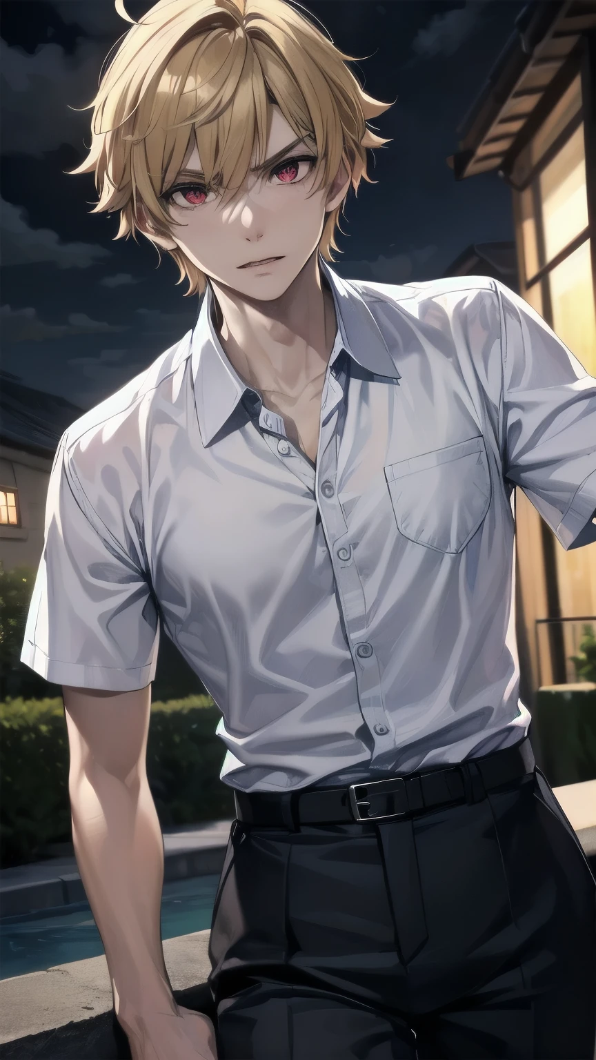 (masterpiece), best quality, expressive eyes, perfect face, mature male, (1boy, handsome man), solo, blond hair, messy hair, , red eyes BREAK white shirt BREAK short sleeves, black pants BREAK looking at viewer, angry, standing, (dark sky, dark clouds), night, outdoors 