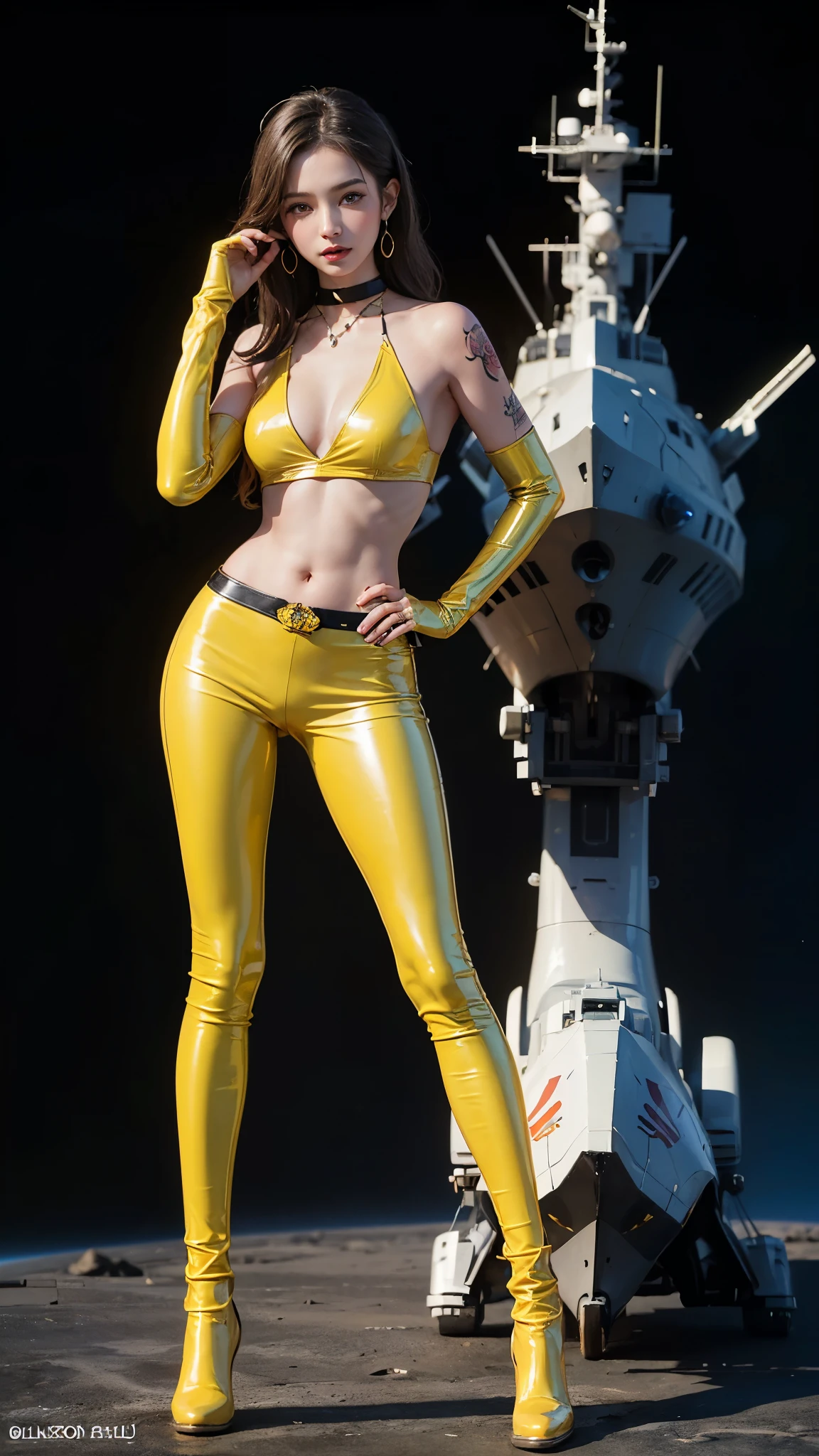 ((masterpiece:1.4)、(highest quality:1.4)、(Realistic:1.7))、Masterpiece:1.4、(Top-notch rendering:1.4)、(Kaoru, the beautiful navigator of the Space Battleship Fuji:1.4)、Super Beauty航海士Kaoru、(By Luis Royo:1.4)、(A uniform that accentuates your beautiful figure:1.2)、(Futuristic sci-fi battle fashion:1.2)、(Street Style Wear)、(Tight Fit Pants)、(Shiny luxury latex:1.4)、(Luxury yellow latex:1.4)、19 years old、(Cute Tattoos:1.4)、(Wearing yellow gloves)、Cute Girl、Super Beauty、(Seductive pose)、Sharp Focus、Portrait Photography:1.4、8k、Photorealistic images:1.4、(Perfect female body:1.4)、Perfect proportions、(Standing:1.4)、(Full body photography:1.4)、Beautiful Face、Fearless look、Beautiful Eyes、(A girl with a beautiful body and slender abdominal muscles)、(Narrow waist:1.4)、(9-body proportions beautiful girl:1.4)、(A beautiful girl with long legs and a good figure:1.4)、Beautiful feet:1.4、(Long Hair:1.2)、Heavy makeup、Eyeshadow、Glow Eye、Glow Lip、Beautiful breasts、Large Breasts:1.2、sexy ass、(Standing facing forward:1.4)、Raw photo、Red lips、Yellow high heels:1.4、choker:1.4、necklace:1.4、Earrings:1.4、1 Screen Display:1.4、Space Battleship Fuji's bridge:1.2