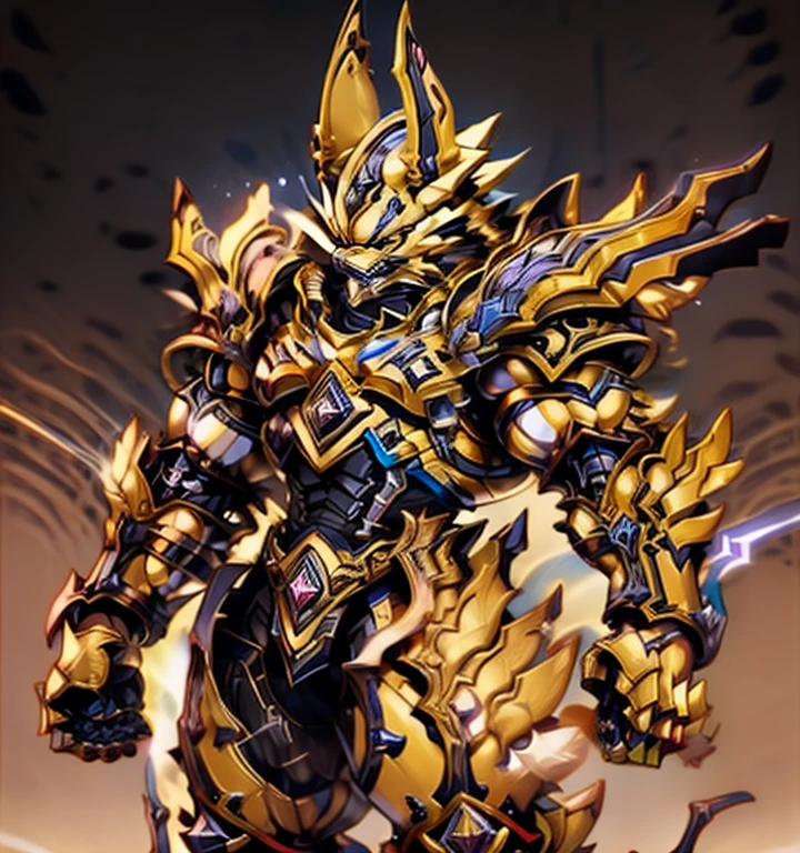Zeraora's giant robot.
(masterpiece, best quality, detailed:1.2)
(Pokémon)
Powered exoskeleton with the same design as Zeraora
big muscle,
GIANT,
pecs, triceps, traps, waist narrow.
bulge in the crotch, wears a small black string thong that reveals huge, muscular thighs. (metallic color: jet black thong) with huge golden laser sword,
body full of huge muscles.
also have a cloak on my back.
The cloak is so long that it touches the ground,
showing off muscles,
mechs,
Correct limbs,
detailed full body,
Very muscular,
Large pecs,
Heavyweight,
Bodybuilder figure,
Wearing cyberpunk mecha,
big bump,
sparkling skin,
Vibrant colors, 4K,
realism,
Don't stray too far from Zeraora's design,
Furry Heroes,
Main is yellow COLOR