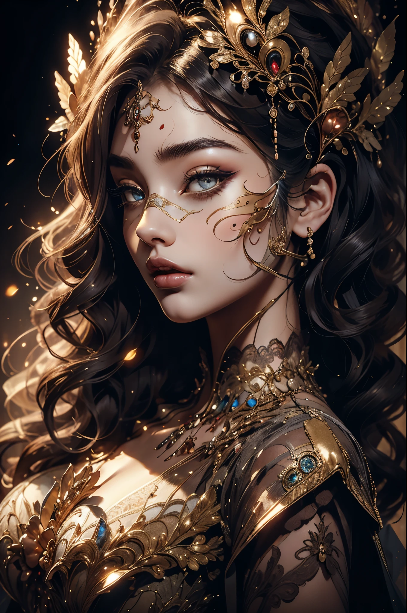 Generate a proud, beautiful woman from the 18th century wearing a stunning and intricately detailed silk ballgown adorned with lace and jewels. She is in the midst of an elegant masquerade ball and surrounded by music, royal decor, and expensive details. ((The woman is holding an exquisite and ornate masquerade mask inspired by fantasy mythology.)) Her face is intricately detailed and realistic with puffy lips and a big mouth. Important: her eyes are important and are beautiful, with many realistic details, realistic shading, and multiple colors and shades. The setting is a magnificent masquerade ball, where aristocrats, socialites, and mysterious guests from far-flung lands gather for an unforgettable evening. From Venetian masks to elaborate feathered creations, each guest's disguise reflects their unique persona and unspoken desires. As the evening progresses, the masks become both a symbol of concealment and revelation, allowing attendees to reveal parts of themselves they might otherwise keep hidden. Immerse yourself in the allure of this 19th-century masquerade ball, where the elegance of a bygone era and the mystery of the masks combine to create an enchanting experience that will linger in your heart forever. Utilize dynamic composition to interest viewers. (((masterpiece))), intricate, elegant, highly detailed, majestic, digital photography, art by artgerm and ruan jia and greg rutkowski, (masterpiece, finely detailed beautiful eyes: 1.2), hdr, realistic skin texture, (((1woman))), (((solo)))