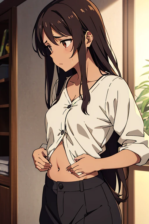 brown skin anime girl wearing a button up cami top and trousers, famished in hunger, (gently resting hands on stomach), (sweating), (long hair), (hands on her stomach)