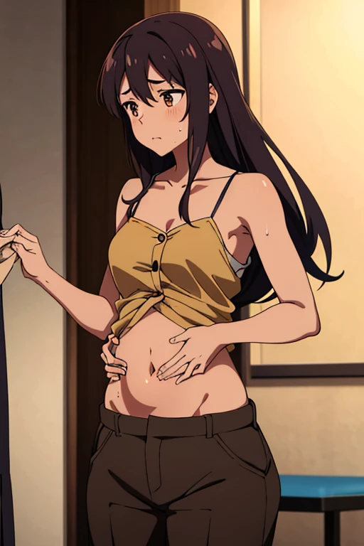 ((best quality)), ((masterpiece)), (detailed), perfect face, brown skin anime woman in a deep v neck tied top, (bare shoulders), (jeans trousers), famished in hunger, (gently resting hands on stomach), (long hair), (hands on her stomach), (slim woman), (shiny body), (shiny arms), her stomach growls in front of a boy, she is embarrassed
