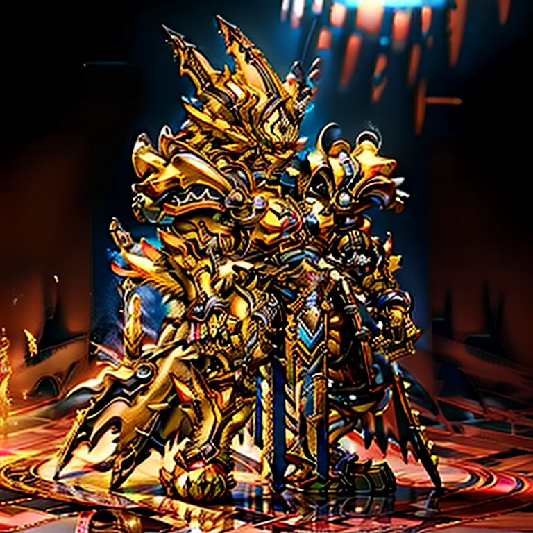 (masterpiece, best quality, detailed:1.2) (Pokémon) detailed full body, zeraora, full body, Furry Heroes, The main color is yellow, sparkling skin, Vibrant colors, 4K, GOLD armor, Its full plate armor emphasizes the muscles. a knight's mechanical armor, glowing wide and heavy armor, Gigantic ZERAORA, big muscle (pecs, triceps, traps) unusually developed muscular body, body full of huge muscles. showing off muscles, pectorales enormes. Exaggeratedly huge muscles. Gigachad Muscular, whole body shines like metal. He wears a black cloak on his back. The cloak is so long that it touches the ground, futuristic city, thunderstorm, rainy weather, lightning, black bodysuit