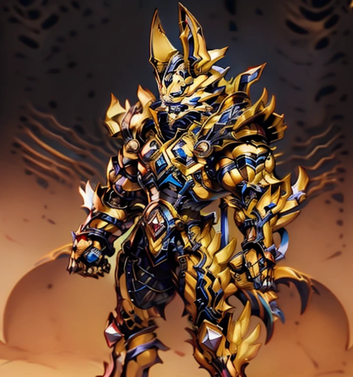 Zeraora's giant robot.
(masterpiece, best quality, detailed:1.2)
(Pokémon)
Powered exoskeleton with the same design as Zeraora
big muscle,
GIANT,
pecs, triceps, traps, waist narrow.
bulge in the crotch, wears a small black string thong that reveals huge, muscular thighs. (metallic color: jet black thong)　with huge golden laser sword, He wears a black cloak on his back.
The cloak is so long that it touches the ground,
body full of huge muscles.
also have a cloak on my back.
The cloak is so long that it touches the ground,
showing off muscles,
mechs,
Correct limbs,
detailed full body,
Very muscular,
Large pecs,
Heavyweight,
Bodybuilder figure,
Wearing cyberpunk mecha,
big bump,
sparkling skin,
Vibrant colors, 4K,
realism,
Don't stray too far from Zeraora's design,
Furry Heroes,
Main is yellow COLOR