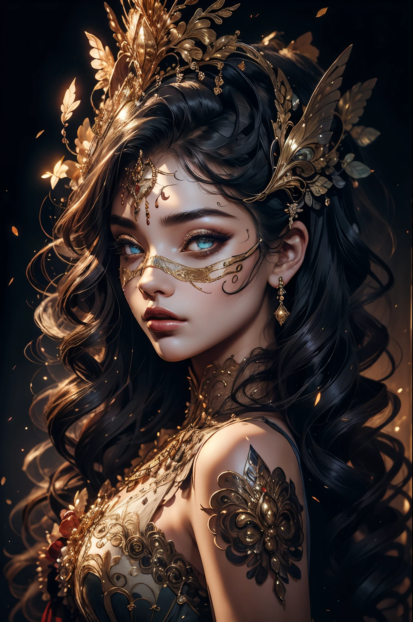 Generate a proud, beautiful woman from the 18th century wearing a stunning and intricately detailed silk ballgown adorned with lace and jewels. She is in the midst of an elegant masquerade ball and surrounded by music, royal decor, and expensive details. ((The woman is holding an exquisite and ornate masquerade mask inspired by fantasy mythology.)) Her face is intricately detailed and realistic with puffy lips and a big mouth. Important: her eyes are important and are beautiful, with many realistic details, realistic shading, and multiple colors and shades. The setting is a magnificent masquerade ball, where aristocrats, socialites, and mysterious guests from far-flung lands gather for an unforgettable evening. From Venetian masks to elaborate feathered creations, each guest's disguise reflects their unique persona and unspoken desires. As the evening progresses, the masks become both a symbol of concealment and revelation, allowing attendees to reveal parts of themselves they might otherwise keep hidden. Immerse yourself in the allure of this 19th-century masquerade ball, where the elegance of a bygone era and the mystery of the masks combine to create an enchanting experience that will linger in your heart forever. Utilize dynamic composition to interest viewers. (((masterpiece))), intricate, elegant, highly detailed, majestic, digital photography, full body portrait, art by artgerm and ruan jia and greg rutkowski, (masterpiece, finely detailed beautiful eyes: 1.2), hdr, realistic skin texture, (((1woman))), (((solo)))