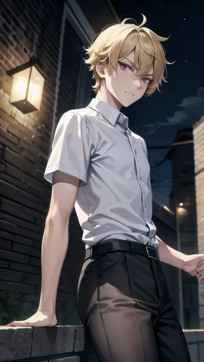 (masterpiece), best quality, expressive eyes, perfect face, mature male, (1boy, handsome man), solo, blond hair, messy hair, , red eyes BREAK white shirt BREAK short sleeves, black pants BREAK looking at viewer, angry, standing, (dark sky, dark clouds), night, outdoors