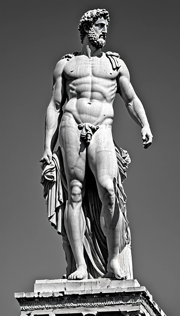 "A dark landscape image of an ancient greek society deeply connected to stoicism, black and white, ancient greek architecture, include one single big statue of a stereotypical strong greek man, marcus aurelius --ar 16:9 --style G4JuqKlERum6vZGYhO9USsL"
