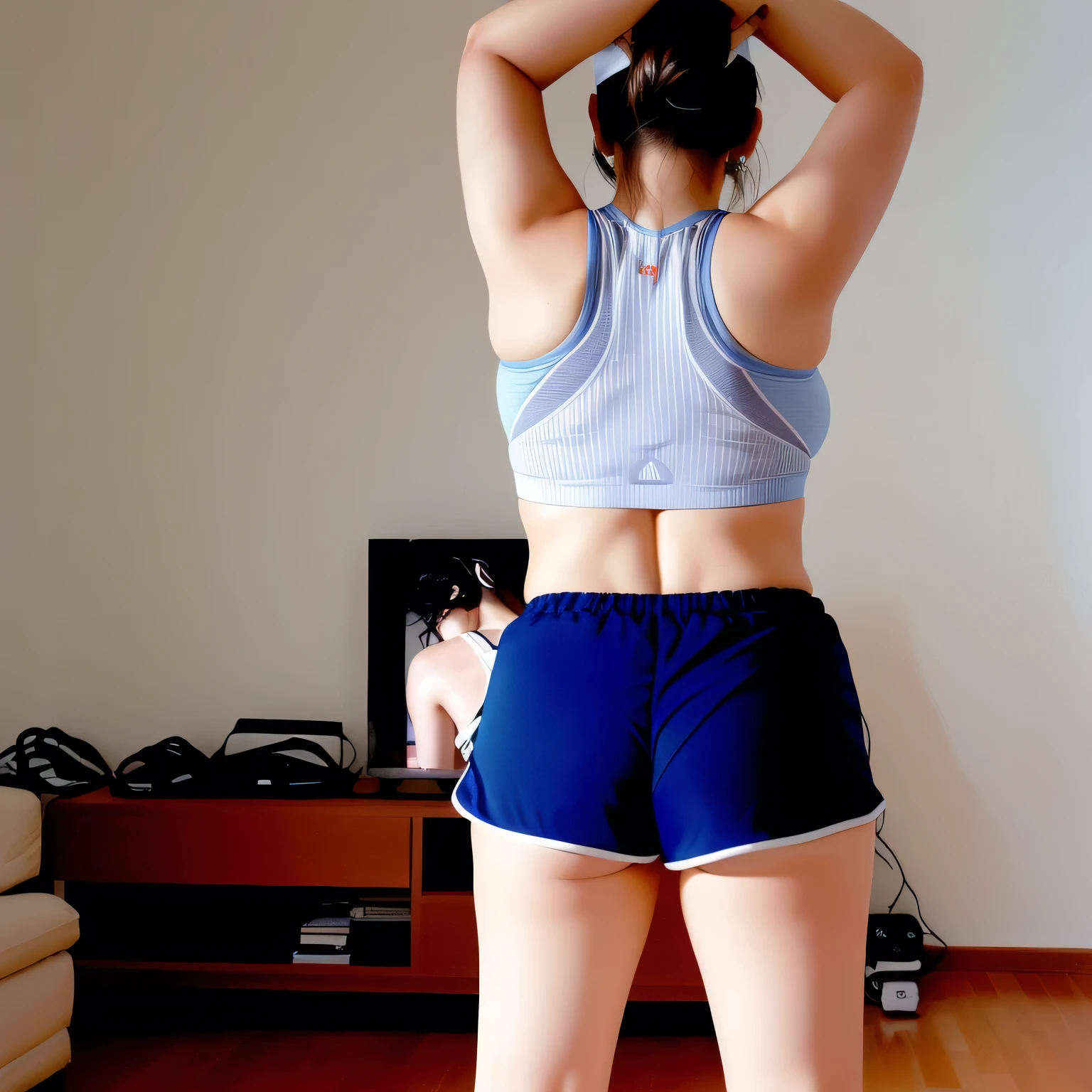 there is a woman who is playing with a remote control, sports bra and dark blue shorts, with her arms up, photo taken from = back, toned butt, working out, back pose, in action pose, back photo, back photo, sports bra and shorts, rear view!!, with arms up, toned bottom, striking a cheeky, extremely hot and sexy pose. back photo, toned back, back photo, from behind. Beautiful woman, perfect body, 38 years old, beautiful woman, dark brown eyes, ((beautiful slim woman, 38 years old, hair color [black hair], thin waist, charming, fair skin, (sexy), (detailed face) , detailed eyes, ,(hot), beautiful body and soft, voluptuous woman, crop top, thong, shorts, ((full body))