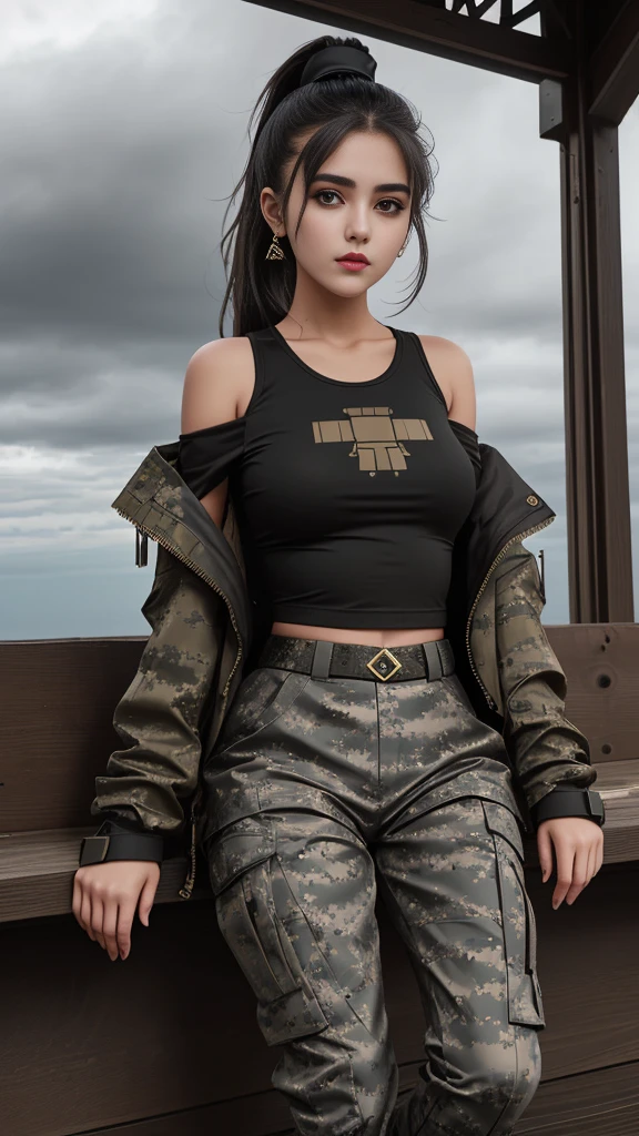 Teenage girl, dark brown ponytail, swipe chip military jacket, open shoulder, military t-shirt, military patterned pants, black boot tops, exquisite clothing details, village carcass background, gloomy clouds, 30k, high profile.