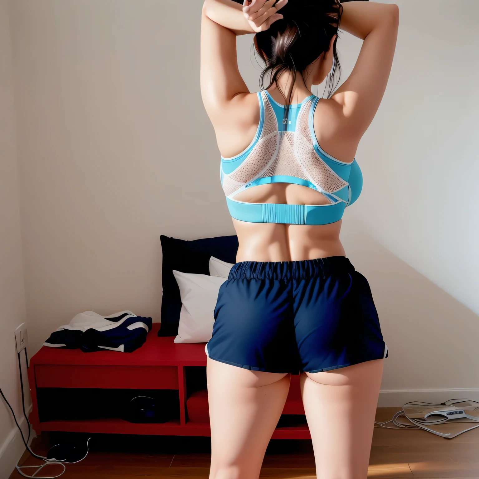 there is a woman who is playing with a remote control, sports bra and dark blue shorts, with her arms up, photo taken from = back, toned butt, working out, back pose, in action pose, back photo, back photo, sports bra and shorts, rear view!!, with arms up, toned bottom, striking a cheeky, extremely hot and sexy pose. back photo, toned back, back photo, from behind. Beautiful woman, perfect body, 38 years old, beautiful woman, dark brown eyes, ((beautiful slim woman, 38 years old, hair color [black hair], thin waist, charming, fair skin, (sexy), (detailed face) , detailed eyes, ,(hot), beautiful body and soft, voluptuous woman, crop top, thong, shorts, ((full body))