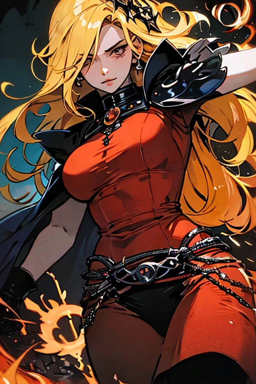 high quality, La reina en la corona、vestido naranja, llama roja、grande lua ao fundo haz una espada plateada y dorada con una corona dorada en la parte superior, vestido largo mujer, emaciated orange afternoon Vestido, vestido blanco extravagante, Vestido, vestido sofisticado, usando un vestido lujoso, vestido elegante, vestido, escote, Vestido amarillo transparente, vestido elegante, usando un vestido de princesa, Ropa formal, Ropa de pecho en V abierta, wearing an vestido elegante, extra curly long white hair, epic composition, red big eyes, beautiful red eyes