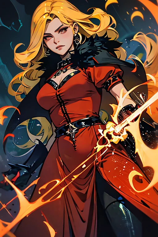a milf whitch,black cape,(fighting stance), (Holding fire in one hand:1.3), (Surrounded by flames),smile, skinny, huge breast, thin waist, wide pelvic, thick thigh,intricate laced stocking, (masic circle,runes, variation elements:1.4), (sharp focus, eyes focus, best quality, realistic detail,clear image,high resolution)