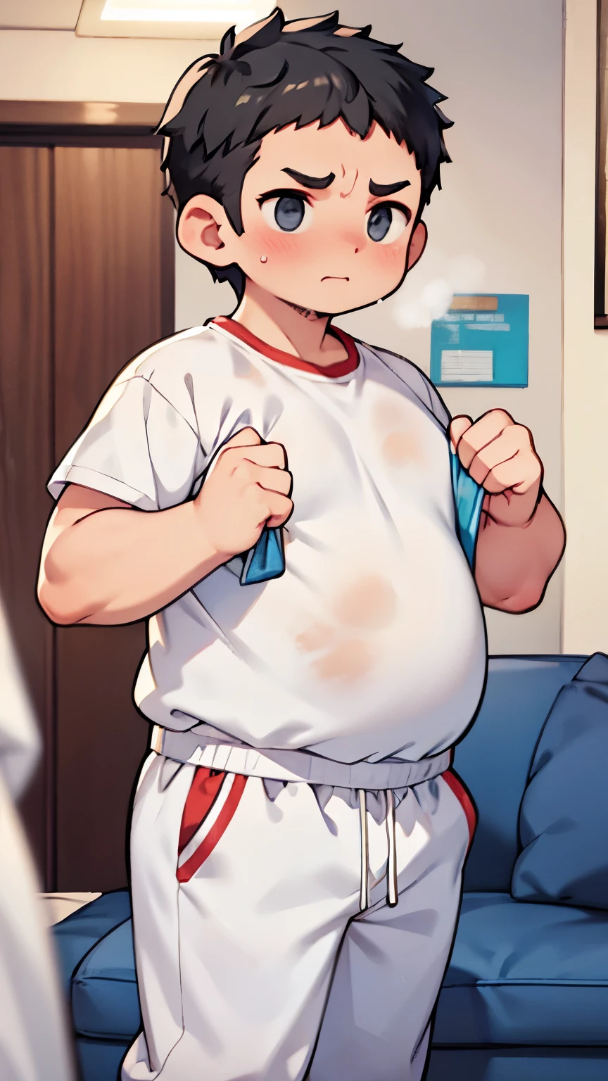 beautiful, ((chubby)), (very short hair),(tomboy), (pudgy face), (naughty) (high school students), ((young)), (androgynous), (boyish), (handsome), ((thick)), (overweight), (beefy), (nipples), (cute), (little brat), (naughty brat), (belly button), (Chubby body), (fullbody), (Round eyes), (Adventurer), (Armed), (sword), (Wearing hakama), (I can see your chest)