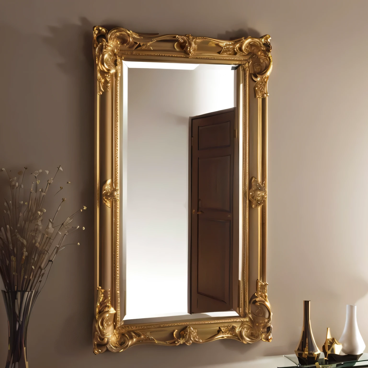 there is a mirror on the wall above a vase and a vase with flowers, mirrors, majestic”, mirror and glass surfaces, big mirrors, ornate gold, ornate with gold trimmings, ultra realistic”, ultra realistic ”, with a mirror, on display”, on display ”, ornate and elegant, elegant and ornate, super realistic”, baroque detailed, detailed zoom photo, rendered in corona