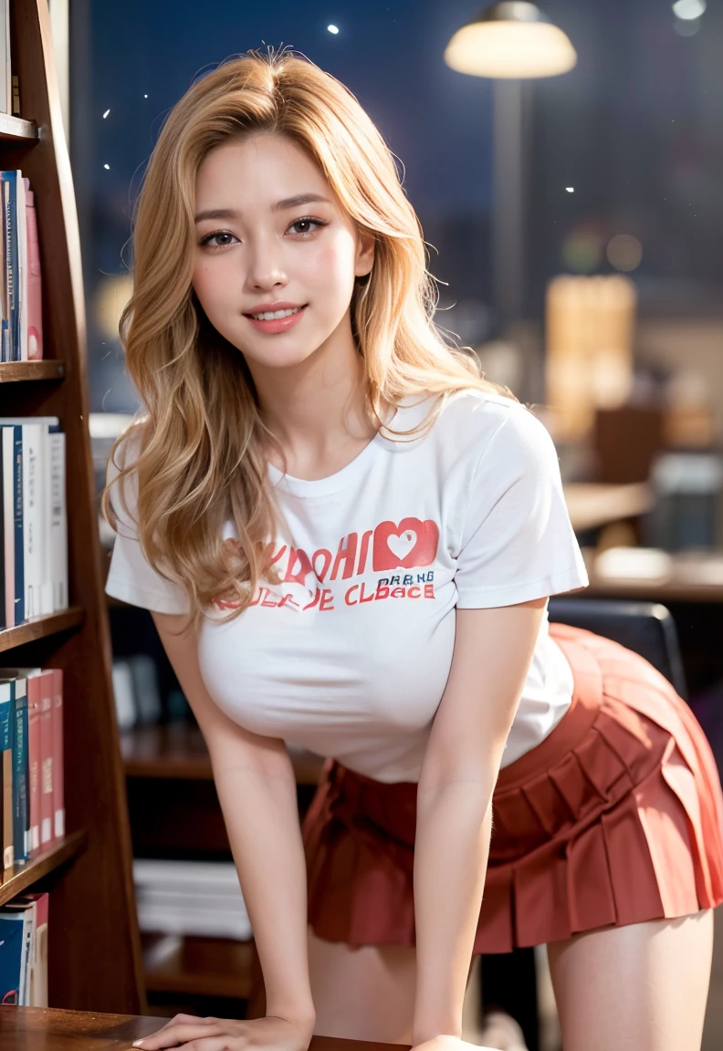 (((neat woman,Bright-eyed excitement,kind big smile,blush,blush,red cheek,please touch me,tempting viewer,i want you))),(all fours,all fours,hip higher,her fingers touch the chest),((((blush,red cheek)))),(cinematic lighting), (Photo real:1.4)、(A hyper-realistic:1.4)、(Photorealistic:1.3)、 (gentle lighting: 1.05)、(Improve the lighting quality of your video:0.9)、 32k、25years old woman、photorealistic lighting、Back lighting、Facial Lights、Ray Trace、(bright:1.2)、(Increase quality:1.4)、 (best quality real texture skin)、Fair eyes,delicate face、 Close-up of the face, ((Wearing the printed high-neck t-shirt,(no printed pleated skirt),high-heel),(Bodyline mood improvement:1.1)、Glossy skin、Korean Idol、Nogizaka Idol、good figure,perfect anatomy,Beautiful actress,(((beautiful large breasts,slender waist,slender hip,long slender legs,8heads tall))),(((8heads tall))),(((blonde wavy hair,curtain bangs))),(((in the beautiful modern office of library,super clean night view,in the night))),