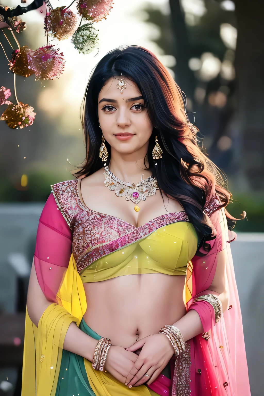 Elguru, Hiba Nawab in 25 year old, perfect age, ultra realistic face,  indian woman tette grandi capezzoli ritto viso sorridente, standing, seductive, remove blouse pose black hair, thin eyebrows, fair skin, blushing cheeks, perfect body, medium breasts, teal , yellow,pink colour saree, cleavage, castle hallway, eye contact, seductive smile, realistic style, 8k,exposure blend, medium shot, bokeh, (hdr:1.4), (cinematic), ( dark tones:1.3), (hyperdetailed:1.2),Realism,1 girl,girl wearing indian saree(dressed in transparent saree)(wearing glitter graphics jewelry), medium , Sexy medium Breast, nipple, bright light, long_hair, Bokeh ,nsfw , indian , tree branch, colourfull,  princess dress, lehenga choli