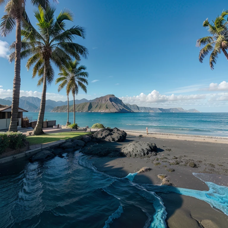 Blue sky, black sand, teal blue ocean, mountains, beach house, palm trees, best quality, high definition