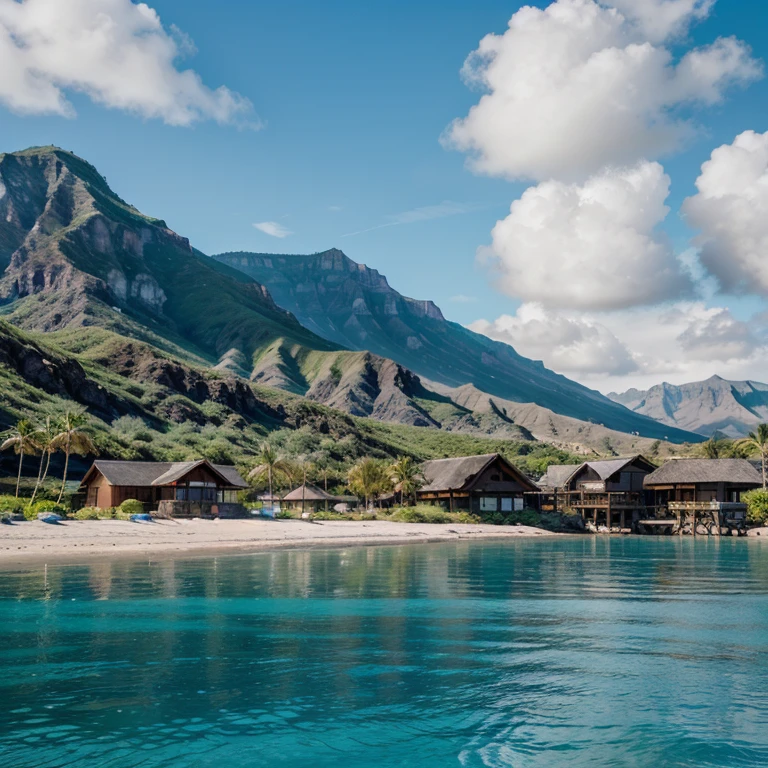Blue sky, black sand, teal blue ocean, mountains, beach house, palm trees, best quality, high definition