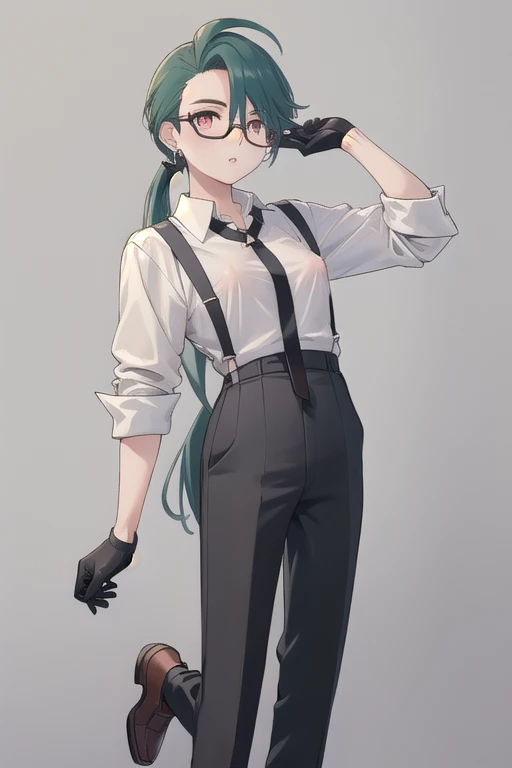 ((highest quality)), ((masterpiece)), (be familiar with),One girl,Chile,White Eyes,Earrings,Small breasts,Flat Chest,Black tie,shirt,White shirt,suspenders,Black gloves,Black trousers,shoes,good looking,Glasses,(Erect nipples)