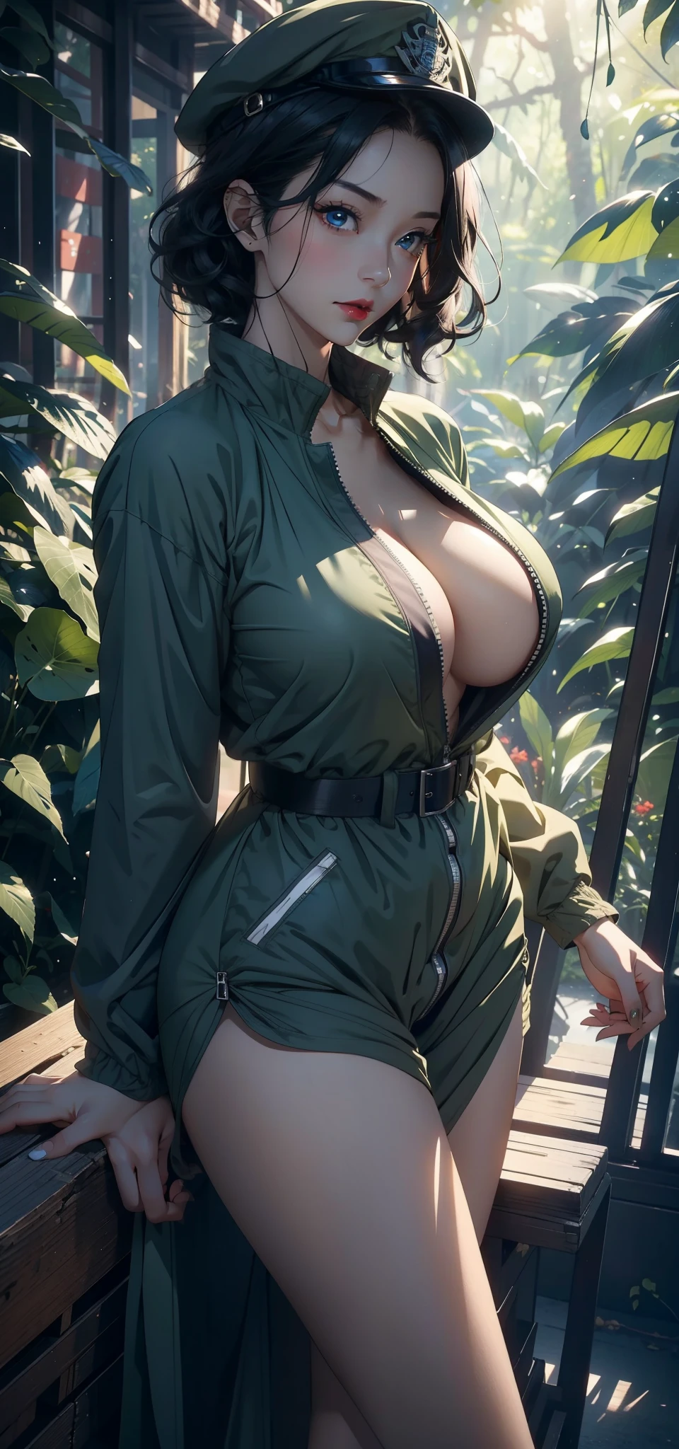 1 female，45 years old，Large Breasts，Long legs，Big breasts and thin waist， 照片曝Light，（background：In the woods，Rainforest，In the summer，Strong wind） She has short black hair，，curls，Red lips，stand up，Front view， OK， Gloomy sky，（（（masterpiece），（Highly detailed CG Unity 8k wallpaper），最OK质量，Light，详细background，Beautiful blue eyes，（Very delicate and beautiful），（Beautiful and detailed description of the eyes），Super detailed，masterpiece，）），face camera，high resolution，Super detailed），Exposing breasts，Sexy bulge，officer（wear：green windbreaker，Military cap，）