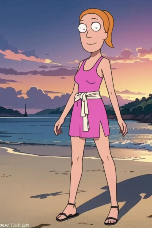 summer.smith, black eyes, orange hair, ponytail, pink sundress, floral pattern, sandals looking at viewer, smiling, standing, grab breasts, outside, beach, sunset, dusk, high quality, masterpiece, big breasts, wide waist, slim body