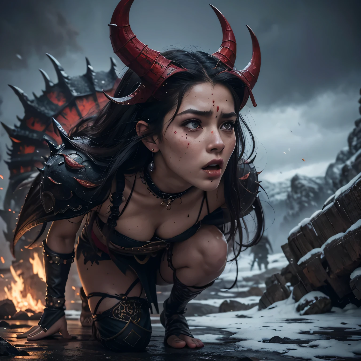 Full body photo of a beautiful viking woman with big menacing twisted dragon horns, a few dragon scales on her skin and red tears running down her cheeks, crying, pecas, pelo muy rubio, mirada feroz, corajudo, epic, fondo de nieve e invierno, hiperrealism, High Definition, Obra maestra, maximum quality