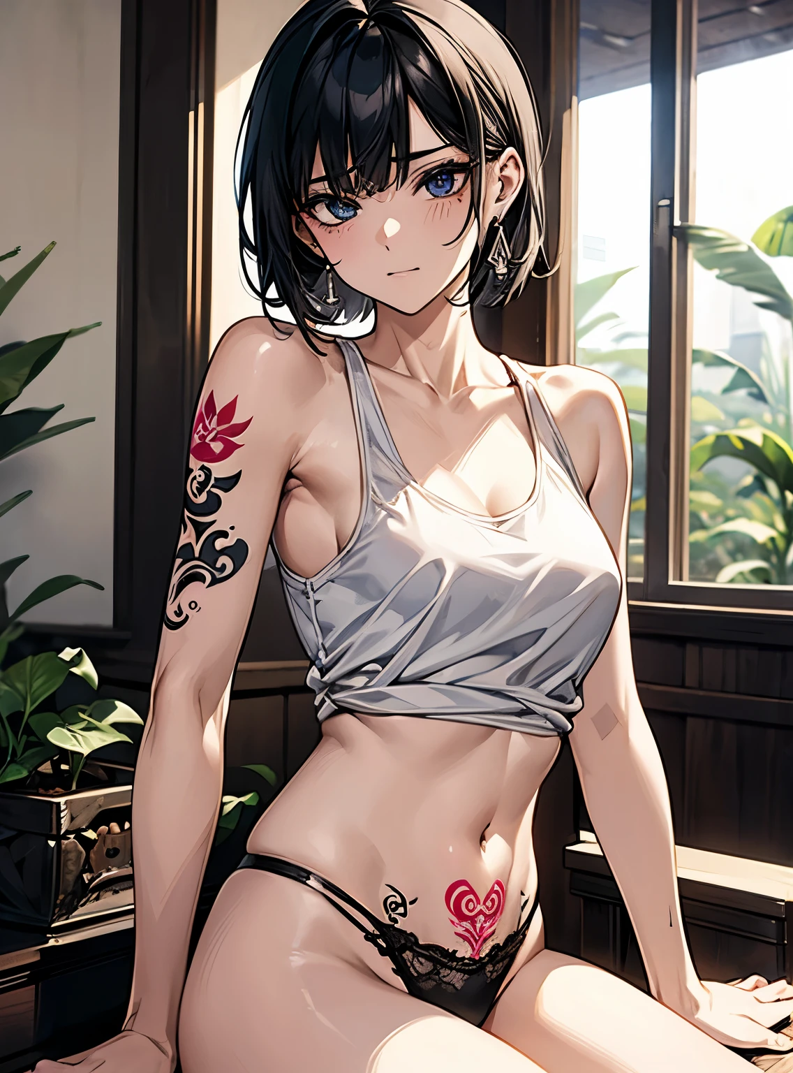 Beautiful breasts、Black Hair、Attractive breasts、Beautiful and attractive anime woman, Enchanting anime girl,Slippery、black eye、beautiful girl、、Quiet、Inconspicuous、White see-through tank top、Big Breasts、Stay in the house、Underwear is visible、Underwear is biting into、Small underwear、Shaved、Wet Skin、((腕にTattoo))、(For the whole body)Tattoo、Nipples、large hoop earrings、(On the legs)Tattoo、(On my back)Tattoo、(On the stomach)Tattoo、Provocative、大きいTattoo、For the whole bodyTattoo、(On the face)Tattoo、Short Bob、Provocative、肩にTattoo、((Tattoo))
