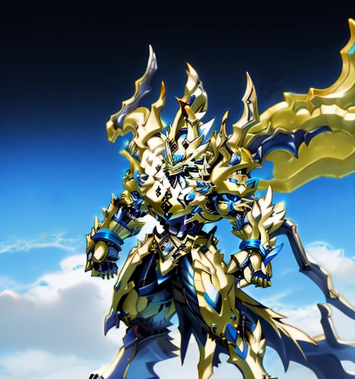 Zeraora's giant robot. (masterpiece, best quality, detailed:1.2) (Pokémon) Powered exoskeleton with the same design as Zeraora big muscle, GIANT, pecs, triceps, traps, waist narrow. bulge in the crotch, with huge golden laser sword, body full of huge muscles. also have a cloak on my back. The cloak is so long that it touches the ground, showing off muscles, mechs, Correct limbs, detailed full body, Very muscular, Large pecs, Heavyweight, Bodybuilder figure, Wearing cyberpunk mecha, big bump, sparkling skin, Vibrant colors, 4K, realism, Don't stray too far from Zeraora's design, Furry Heroes, Main is yellow COLOR, have big wings.