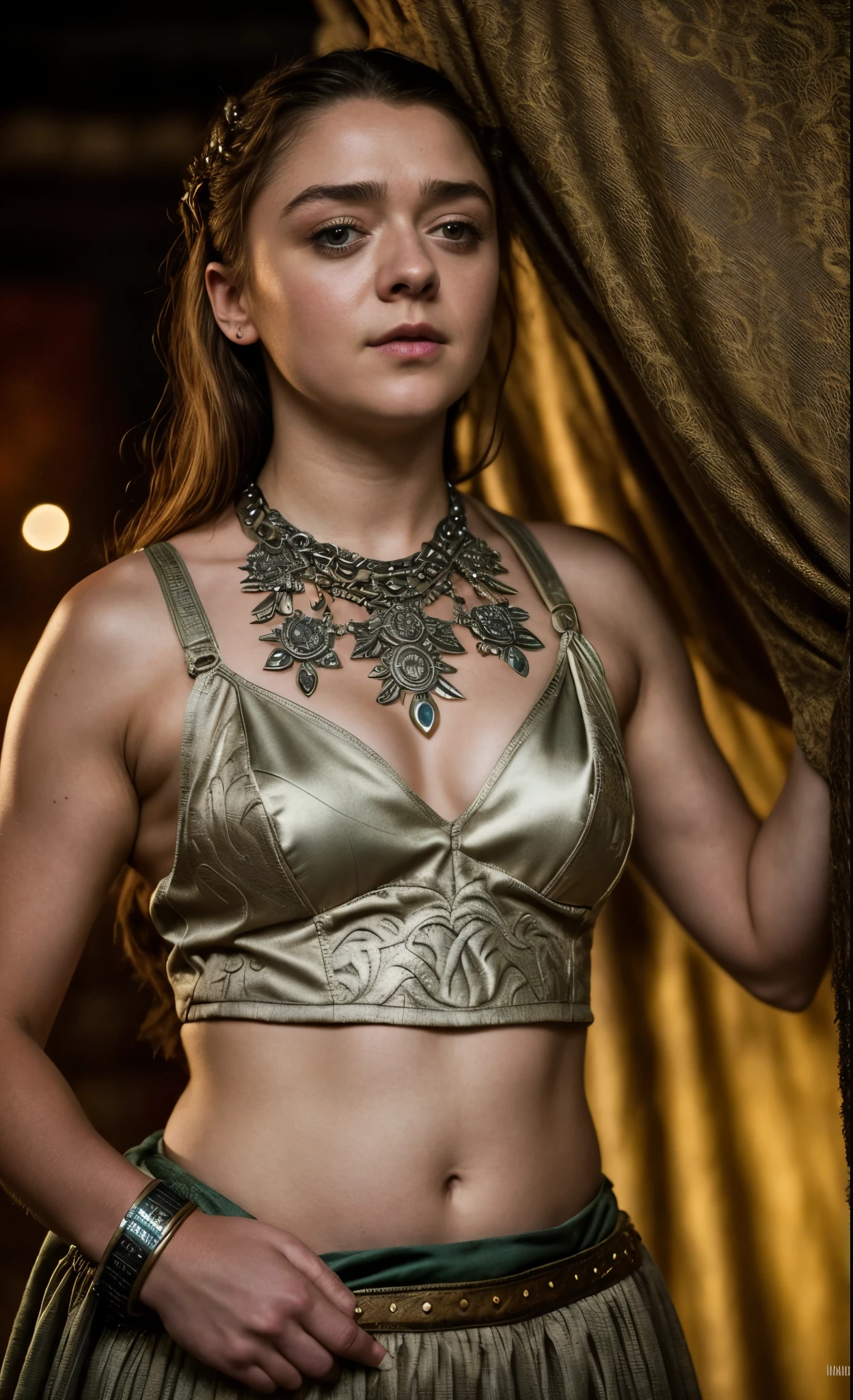 Foto RAW, Arya Stark, Extremely gorgeous lady, Arya Stark PLAYED BY MAISIE WILLIAMS, Queen Arya Stark, she a mature woman now, milf, sexy mediaeval battle dress, gladiator woman, body, 40 years old Woman, body revealing costumes, perky breast, big natural breast, erotic costumes, lusty physique, seductive figure can capture every people's attention, Game of thrones costumes, revealing captivating figure, Mediaeval costumes, revealing clothes, A tomboy, she would rather fence than dance, warrior queen , game of thrones screen caps, Game of Thrones Series, (pele altamente detalhada: 1.2), 8k UHD, DSLR, soft-lighting, alta qualidade, grain of film, Fujifilm XT3, flawless picture, highly detailed, detailed Beauty, intricate, 32k, sharp picture,