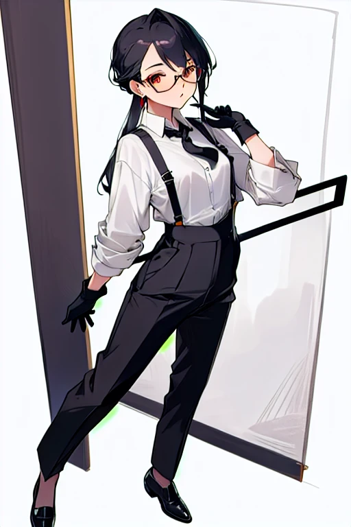 ((highest quality)), ((masterpiece)), (be familiar with),One girl,Chile,White Eyes,Earrings,Small breasts,Flat Chest,Black tie,shirt,White shirt,suspenders,Black gloves,Black trousers,shoes,good looking,Glasses,(Erect nipples)
