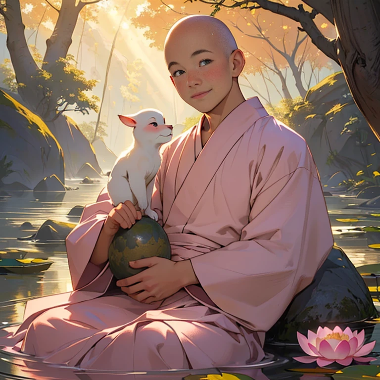 best quality,ultra-detailed,realistic,portrait,soft colors,peaceful setting,smiling monk,serene expression,rosy cheeks,round face,big eyes,little nose,small pink lips,bald head,robe,holding a lotus flower,Golden Hour lighting,sunlight streaming through trees,calm atmosphere,sitting on a rock,meditating.