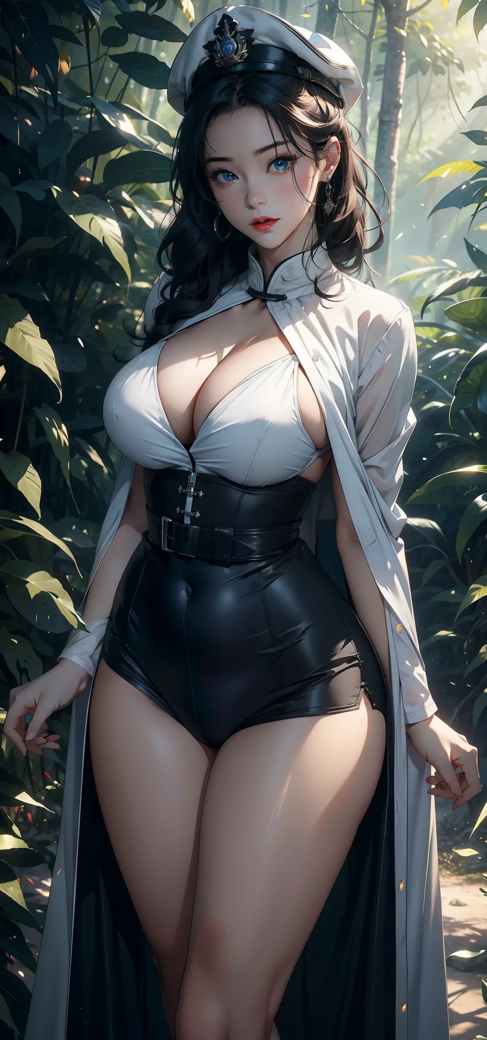 1 female,45 years old,Large Breasts,Long legs,Big breasts and thin waist, 照片曝Light,(background:In the woods,Rainforest,In the summer,Strong wind) She has short black hair,,curls,Red lips,stand up,Front view, OK, Gloomy sky,(((masterpiece),(Highly detailed CG Unity 8k wallpaper),最OK质量,Light,详细background,Beautiful blue eyes,(Very delicate and beautiful),(Beautiful and detailed description of the eyes),Super detailed,masterpiece,)),face camera,high resolution,Super detailed),Exposing breasts,Sexy bulge,officer(wear:White Cape,Military cap,)