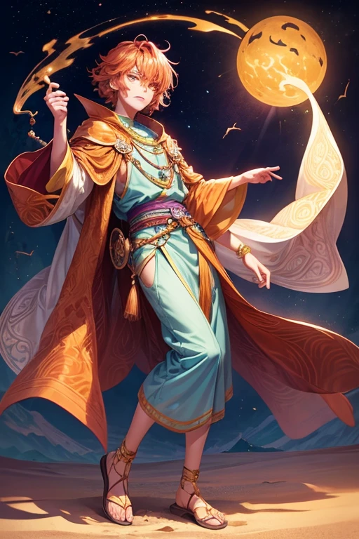 Young man, effeminate face, wizard, shapeshifter, short wavy orange hair, freckles, fluorescent violet eyes, Japanese , oriental, desert, marble castle, detailed face, detailed hair, full body, desert greenery, desert plant, wind, magic wand, Arabic quoted.