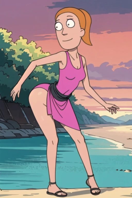 summer.smith, black eyes, orange hair, ponytail, pink sundress, floral pattern, sandals looking at viewer, smiling, standing, ass grab, outside, beach, sunset, dusk, high quality, masterpiece, big breasts, wide waist, slim body, ass, sexy
