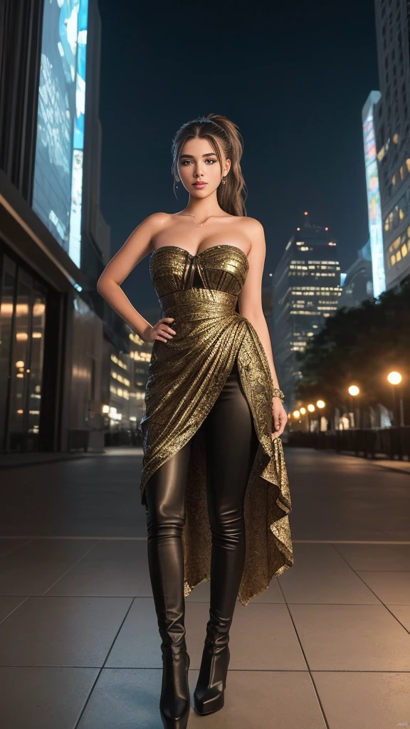 Advertising image of a teenage girl model on Instagram. Brown ponytail. Wearing a strapless dress, pants, standing at a skyscraper among the buildings at night In a hippie, baroque, awe-inspiring style, intricate detailing, bourgeois clothing., hot, gorgeous, full body , perfect light perfect composition Beauty Award winning masterpiece Artstation 8 k Artgerm Mucha Dim Volumetric lighting Octane 18 k Beautiful detail rendering. post processing, portrait, exaggerated detail, complex, grand composition, cinematic lighting, masterpiece, trending art station, high detail, masterpiece, beautiful, 18k , HDR, smooth, sharp focus, high resolution.