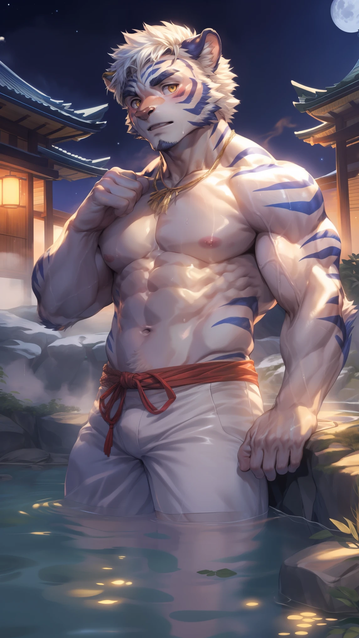 (through empty ghost, From thebigslick, through dark gems, Will chase), Keyuan Tower (Onmyoji Daisenji Temple), High quality photos, Perfect anatomical structure, Anthropomorphic white tiger, Men, 20 years old, thick eyebrows, (Super short hair:1.4), Light blue stripes, Strong body, pectoralis major, Skinny white vest, White shorts, Small bump, Pink Milk Ball, 浸泡在Natural hot springs中, Partially submerged, Open your thighs, One arm raised, (In the valley at night:1.5), Shy expression, blush, Golden pupils, Look up at the audience, Clear facial features, Strong, Solitary, top view, Full body image, Fog atmosphere, Sweaty legs, In the valley, Natural hot springs, White pebbles can be seen everywhere, wild plants, firefly