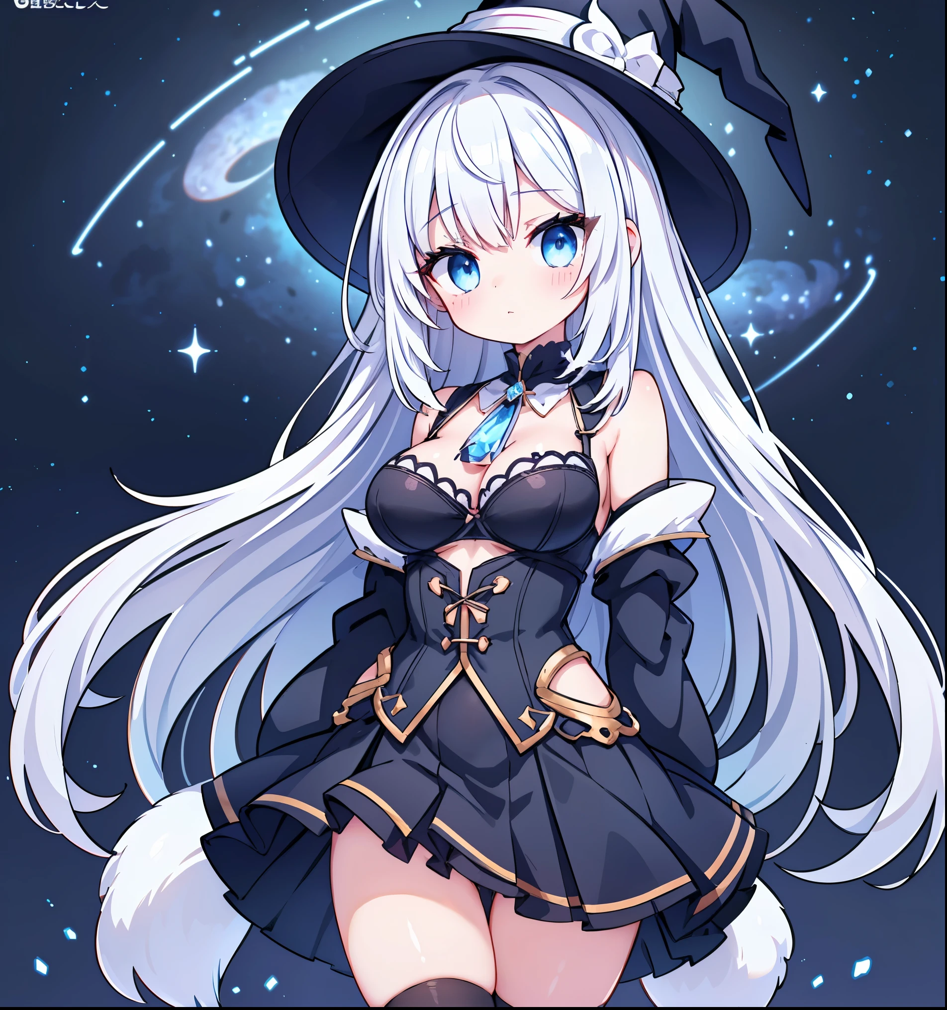Only one girl、独奏、beautiful girl with long white hair、animesque、Cat's ears、A bright erotic magic costume with a purple base that shows off your cleavage.、a short skirt、witch's hat、Colossal tits、Standing facing the front、Displays the whole body from head to toe、Frontal camera work、Chanting magic、a smile、Background removal、Pure white background