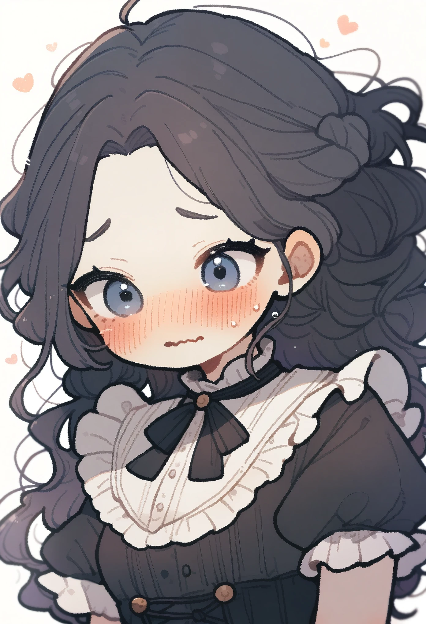 (by shionosuke:1.3), 1girl, masterpiece, best quality, very aesthetic, absurdres, ultra-detailed, zoom out, upper body, score_9, score_8_up, score_7_up, black hair, long hair, parted bangs, forehead, dark blue eyes, innexpressive, blush, embarrassed, wavy mouth, small breasts, upper body, victorian fashion, black dress, frilled dress, short sleeves, white background background