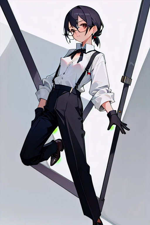 ((highest quality)), ((masterpiece)), (be familiar with),One girl,Chile,White Eyes,Earrings,Small breasts,Flat Chest,Black tie,shirt,White shirt,suspenders,Black gloves,Black trousers,shoes,good looking,Glasses,(Erect nipples)
