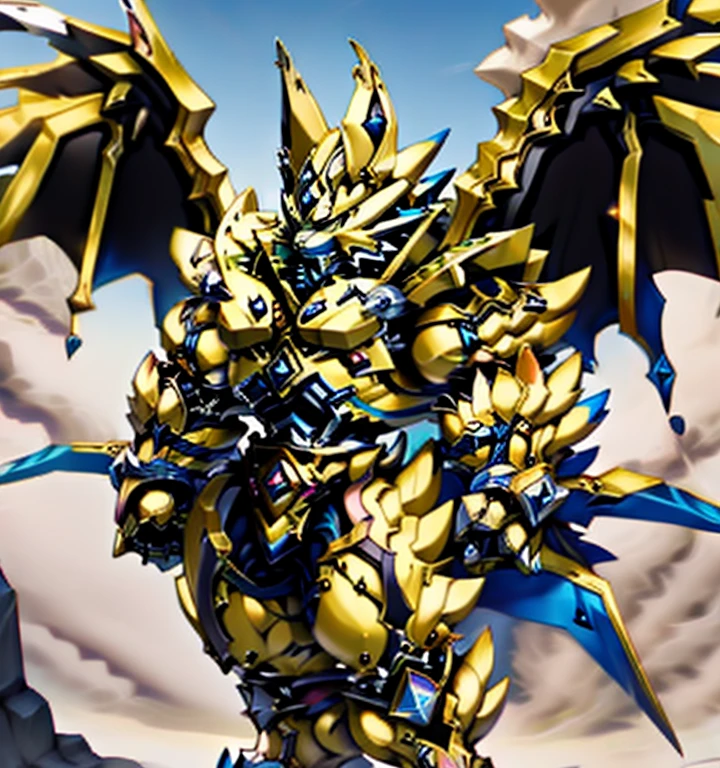 Zeraora's giant robot. (masterpiece, best quality, detailed:1.2) (Pokémon) Powered exoskeleton with the same design as Zeraora big muscle, GIANT, pecs, triceps, traps, waist narrow. bulge in the crotch, with huge golden laser sword, body full of huge muscles. also have a cloak on my back. The cloak is so long that it touches the ground, showing off muscles, mechs, Correct limbs, detailed full body, Very muscular, Large pecs, Heavyweight, Bodybuilder figure, Wearing cyberpunk mecha, big bump, sparkling skin, Vibrant colors, 4K, realism, Don't stray too far from Zeraora's design, Furry Heroes, Main is yellow COLOR, have big wings.