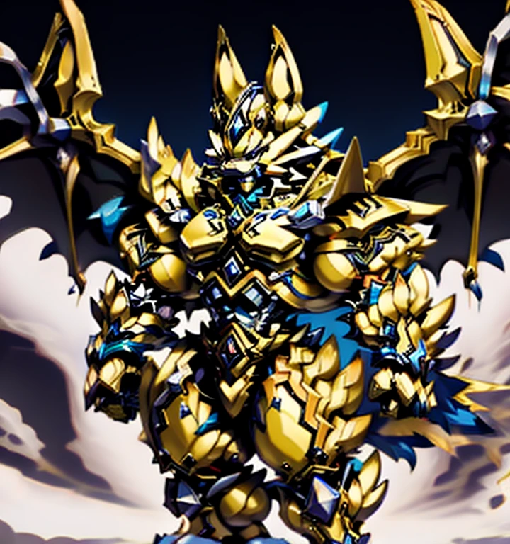 Zeraora's giant robot. (masterpiece, best quality, detailed:1.2) (Pokémon) Powered exoskeleton with the same design as Zeraora big muscle, GIANT, pecs, triceps, traps, waist narrow. bulge in the crotch,  with huge golden laser sword, body full of huge muscles. also have a cloak on my back. The cloak is so long that it touches the ground, showing off muscles, mechs, Correct limbs, detailed full body, Very muscular, Large pecs, Heavyweight, Bodybuilder figure, Wearing cyberpunk mecha, big bump, sparkling skin, Vibrant colors, 4K, realism, Don't stray too far from Zeraora's design, Furry Heroes, Main is yellow COLOR, have big wings.