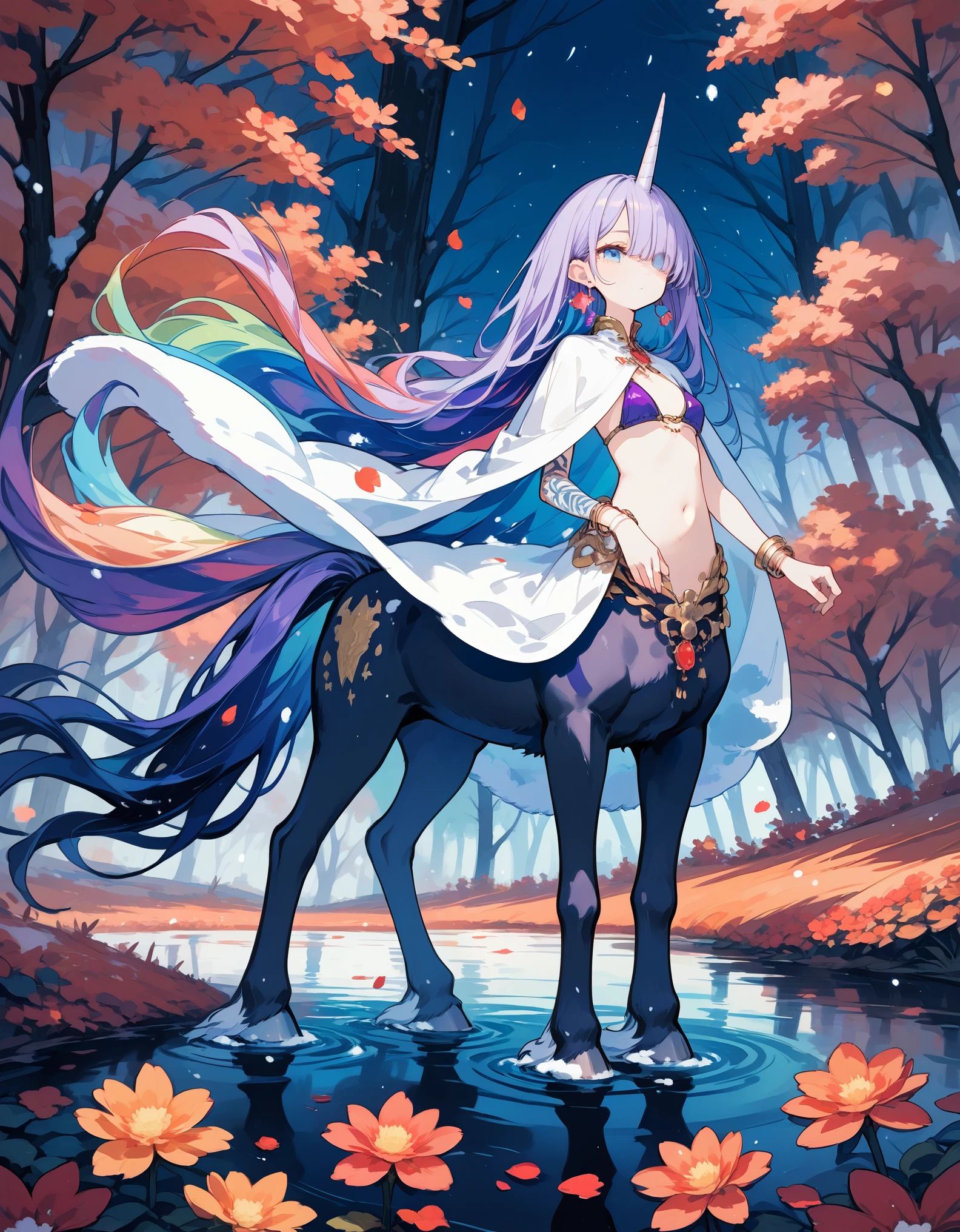 score_10,score_9_up,score_8_up,score_7_up,hyper colorful,rainbow gradient,hyper saturation,detailed background,((fictional character,female centaur unicorn)),navel,expressionless, silky hair,long hair,multicolored maigcal forest,((night,lowlight,darkness)), skinny,bottomless,floating petals,flower,colored shadow,light particles, red flower,orange forest,light purple hair,(tattoo),slim,thin,white witch cape,fur cape,purple bikini top only,druid,belly chain, earrings,bracelet,snow,river,blue eyes,long bangs,hair over face, hair behind ear,white unicorn