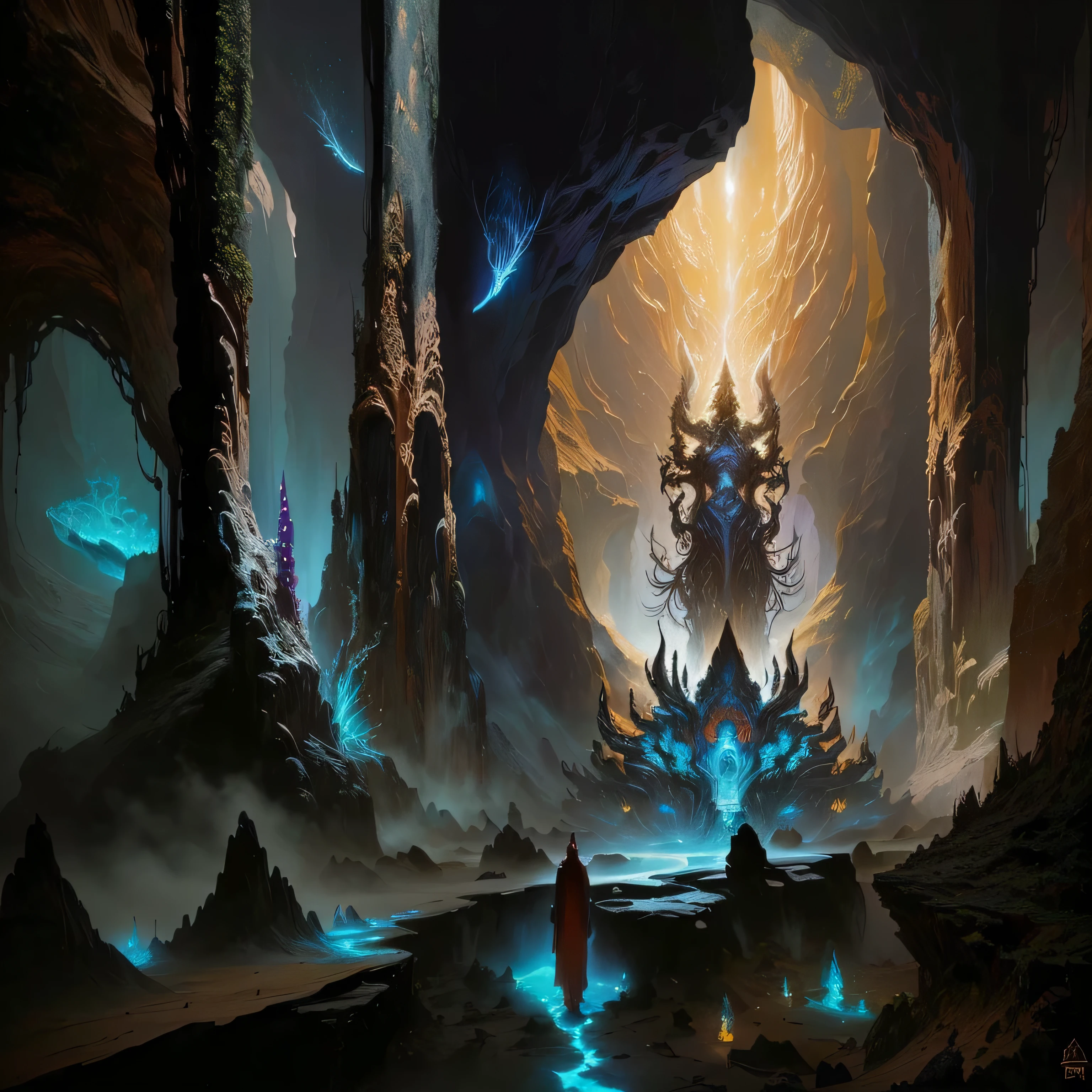 there is a painting of a giant creature in a cave, mythical cosmic shrine, symmetric concept art, inspired by Johfra Bosschart, dramatic concept art, high resolution concept art, portal to the ethereal realm, entrance to ethereal realm, concept art illustration, cinematic fantasy painting, luminescent concept art, mystical sci-fi concept art, fantasy concept painting