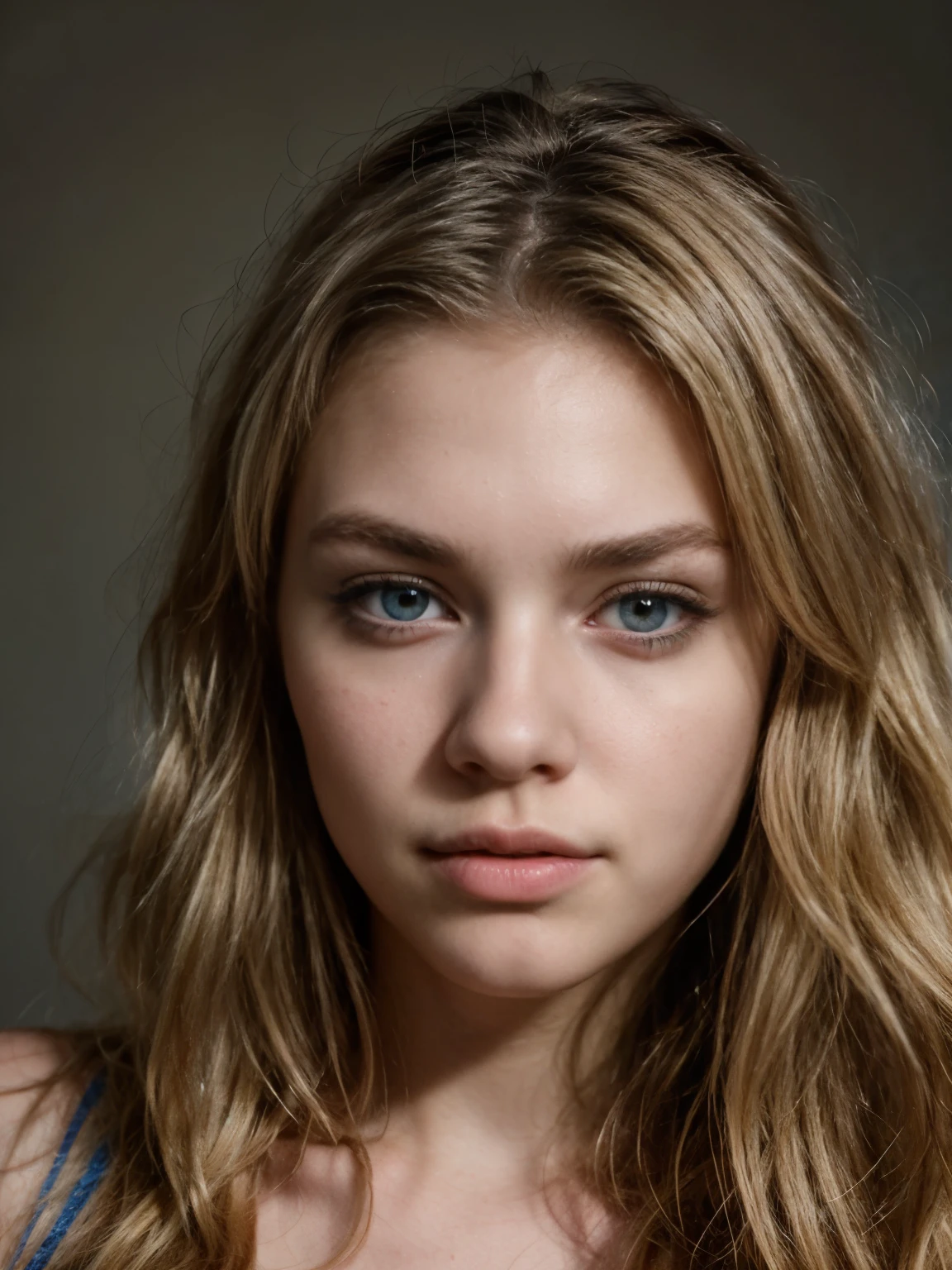 generate a photo of Perfect blonde 18 years old, unusual beauty, blue eyes, hunter's look, Shaggy mono eyebrows , pump plump lips, very beautiful face , skinny face, Close-up of the face