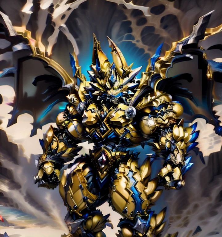 Zeraora's giant robot. (masterpiece, best quality, detailed:1.2) (Pokémon) Powered exoskeleton with the same design as Zeraora big muscle, GIANT, pecs, triceps, traps, waist narrow. bulge in the crotch,  with huge golden laser sword, body full of huge muscles. also have a cloak on my back. The cloak is so long that it touches the ground, showing off muscles, mechs, Correct limbs, detailed full body, Very muscular, Large pecs, Heavyweight, Bodybuilder figure, Wearing cyberpunk mecha, big bump, sparkling skin, Vibrant colors, 4K, realism, Don't stray too far from Zeraora's design, Furry Heroes, Main is yellow COLOR, have big wings.