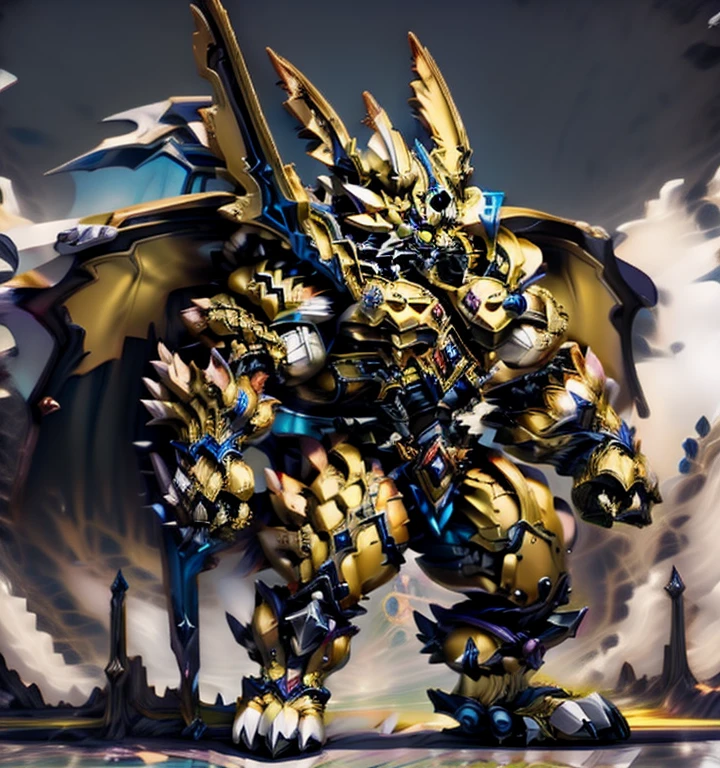 Zeraora's giant robot. (masterpiece, best quality, detailed:1.2) (Pokémon) Powered exoskeleton with the same design as Zeraora big muscle, GIANT, pecs, triceps, traps, waist narrow. bulge in the crotch, with huge golden laser sword, body full of huge muscles. also have a cloak on my back. The cloak is so long that it touches the ground, showing off muscles, mechs, Correct limbs, detailed full body, Very muscular, Large pecs, Heavyweight, Bodybuilder figure, Wearing cyberpunk mecha, big bump, sparkling skin, Vibrant colors, 4K, realism, Don't stray too far from Zeraora's design, Furry Heroes, Main is yellow COLOR, have big wings.