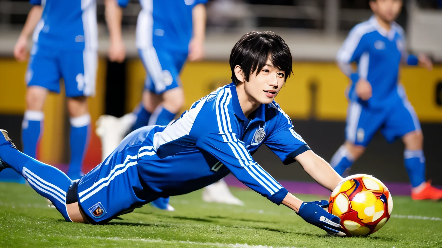 Japanese men in blue uniforms kicking a soccer ball at a soccer match,Bright expression,Ultra detailed face,Ultra Detail Eye, Editor, Realistic, Cinematic lighting, 8K,mushroom hair black hair,