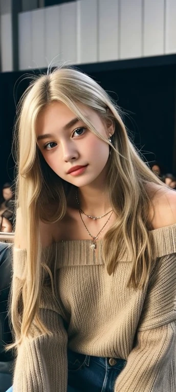 1 Girl, 19 years old, Solitary, Long hair, huge , Looking at the audience, blond, 裸Off-shoulder膀, Brown eyes, Jewel-like, whole body, A necklace, Off-shoulder, sweater, Practical, Sexy