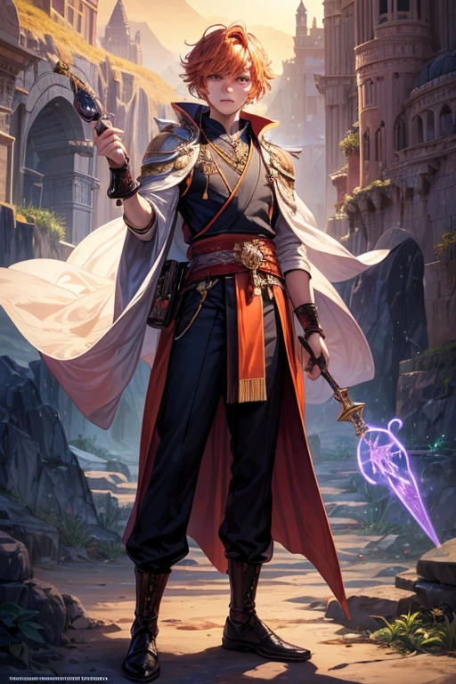 Young man, effeminate face, wizard, metamorphosis, short wavy orange hair, freckles, fluorescent violet eyes, Japanese , oriental, desert, marble castle, detailed face, detailed hair, full body, desert greenery, desert plant, wind, magic wand, quoted in Arabic.