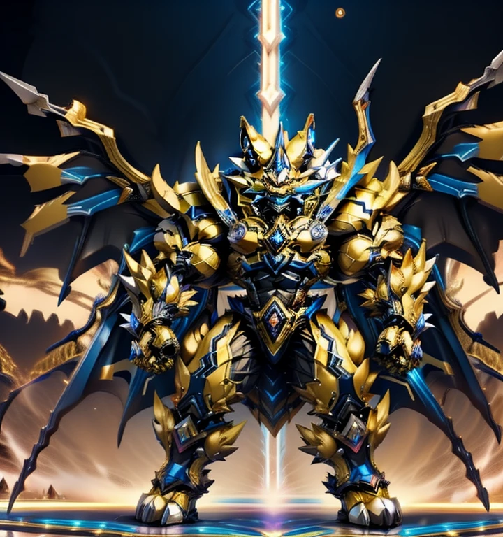 Zeraora's giant robot. (masterpiece, best quality, detailed:1.2) (Pokémon) Powered exoskeleton with the same design as Zeraora big muscle, GIANT, pecs, triceps, traps, waist narrow. bulge in the crotch, with huge golden laser sword, body full of huge muscles. also have a cloak on my back. The cloak is so long that it touches the ground, showing off muscles, mechs, Correct limbs, detailed full body, Very muscular, Large pecs, Heavyweight, Bodybuilder figure, Wearing cyberpunk mecha, big bump, sparkling skin, Vibrant colors, 4K, realism, Don't stray too far from Zeraora's design, Furry Heroes, Main is yellow COLOR, have big wings.